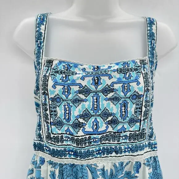 Joie Boho Tiered Tie Back Maxi Dress Sz 6 Blue Beaded Festival Coquette Peasant - Picture 3 of 14
